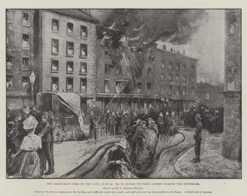 Katastrofální požár ve městě, 9. června, č. 67, Queen Victoria Street během vypuknutí od Henry Charles Seppings Wright