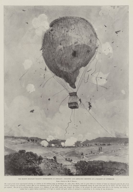 Nedávné pokusy s vojenskými balony v Německu, střelba pěchoty a dělostřelectva na balon v Interbogku od Henry Charles Seppings Wright