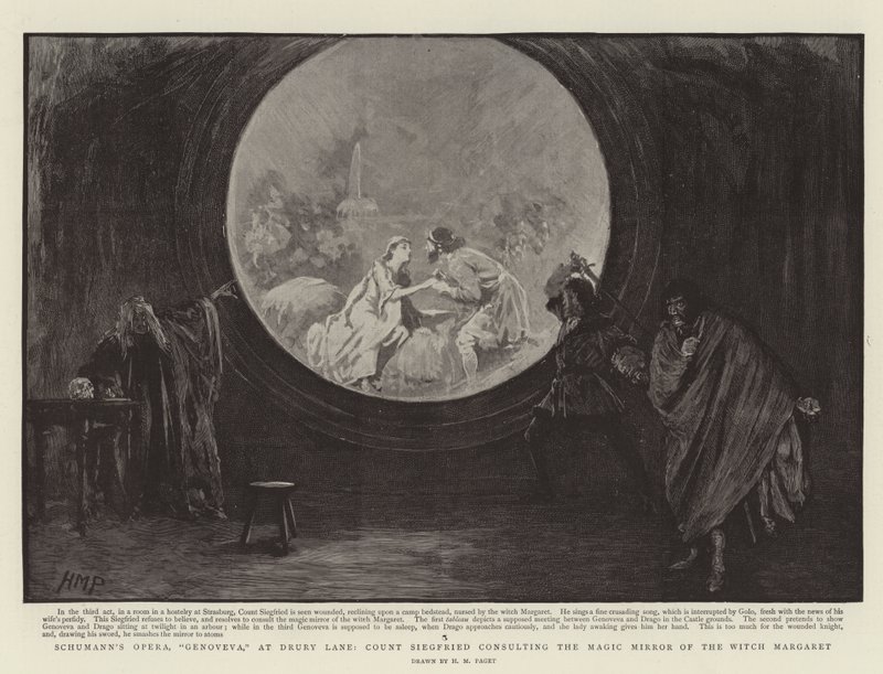 Schumannova opera, Genoveva, v Drury Lane, hrabě Siegfried konzultuje Kouzelné zrcadlo čarodějnice Margaret od Henry Marriott Paget