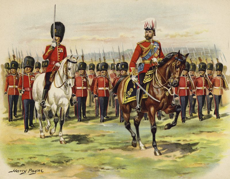 Král George V. jako princ z Walesu, který vede svůj regiment, Royal Fusiliers, na Aldershot (chromolitho) od Henry Payne
