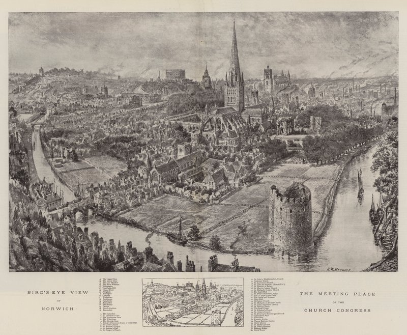Pohled z ptačí perspektivy na Norwich, místo setkání církevního kongresu od Henry William Brewer