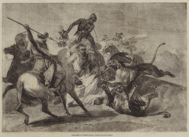 Lov lvů v Africe od Emile Jean Horace Vernet