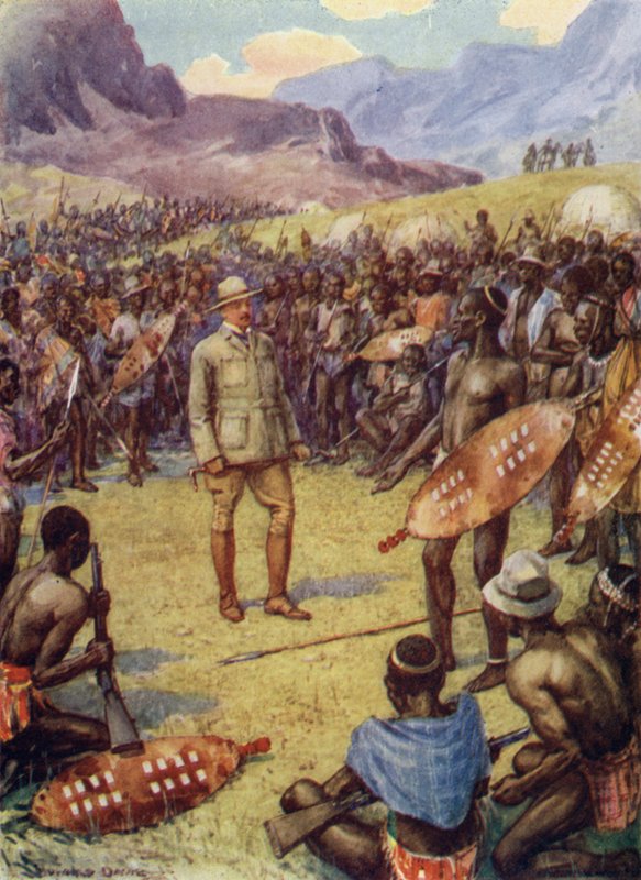 Cecil Rhodes, s Matabeles (barevné lito) od Howard Davie