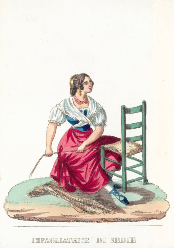Stroj na výrobu slámy židlí (barevné gravírování) od Italian School