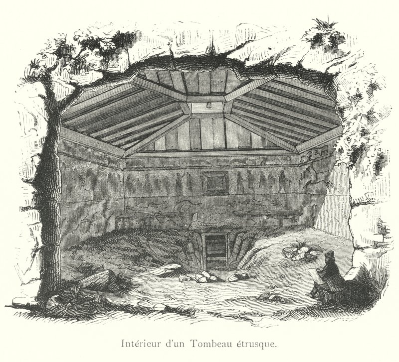 Interiér etruské hrobky (rytina) od Italian School