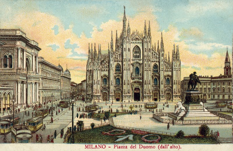 Piazza del Duomo, Milán (barevná litografie) od Italian School