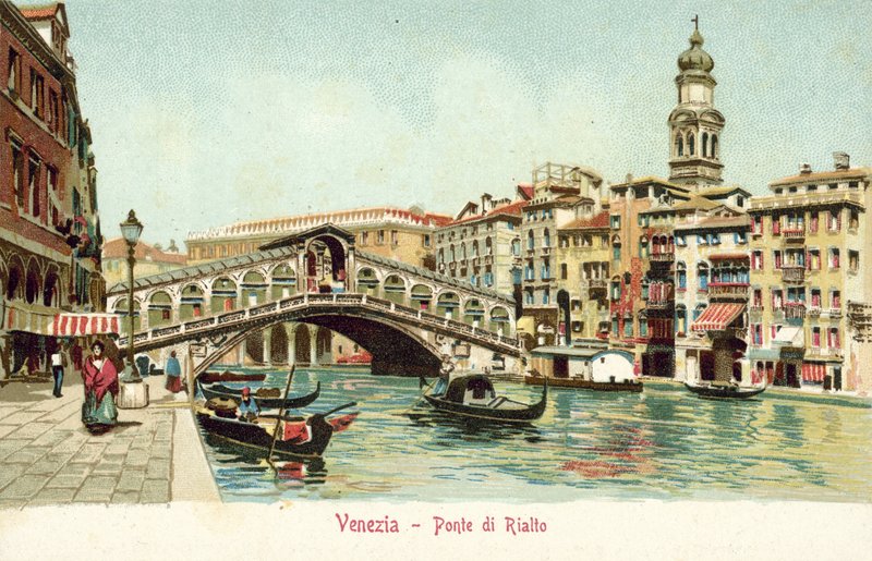 Rialto, Benátky (barevná litografie) od Italian School