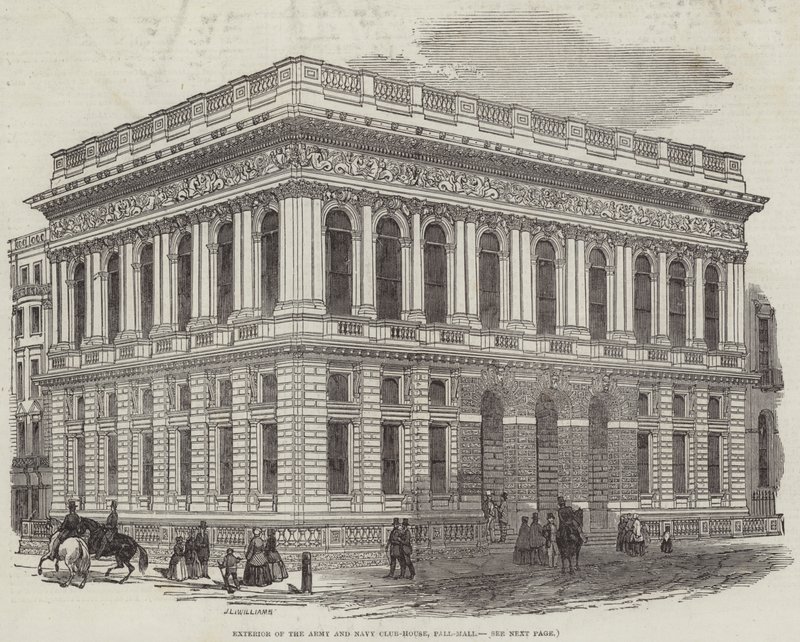 Exteriér klubovny armády a námořnictva, Pall-Mall od J.L. Williams