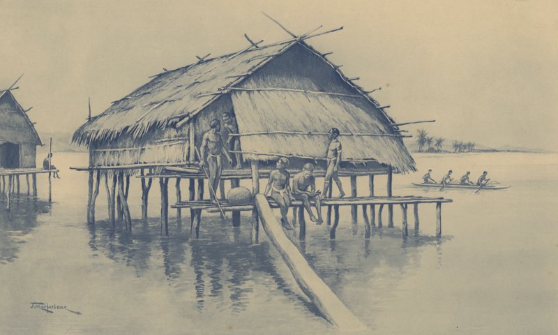 Mořská vesnice Nová Guinea (litho) od J. Macfarlane