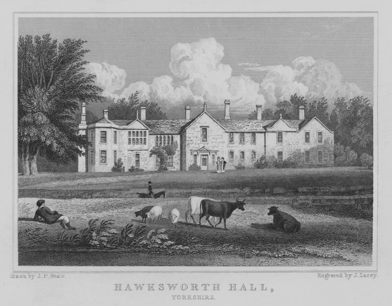 Hawksworth Hall, Yorkshire (rytina) od John Preston Neale