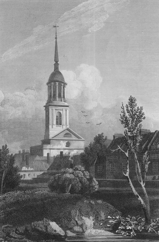 Shoreditch Church (rytina) od John Preston Neale