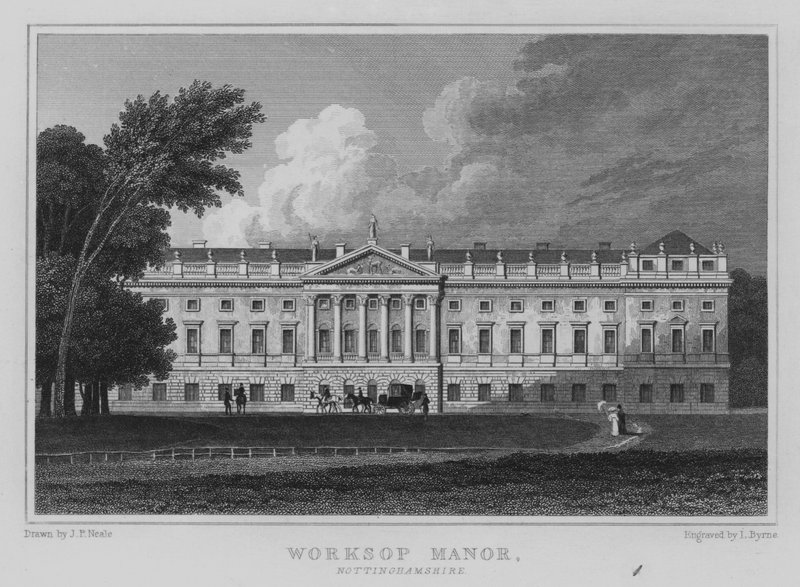 Worksop Manor, Nottinghamshire (rytina) od John Preston Neale