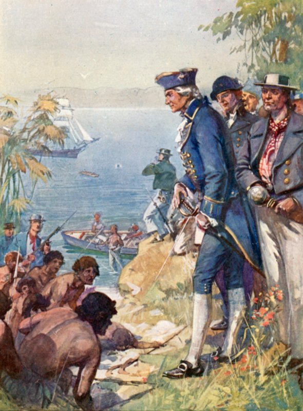 Kapitán Cook na břehu na Tahiti, 1769 od J. Williamson