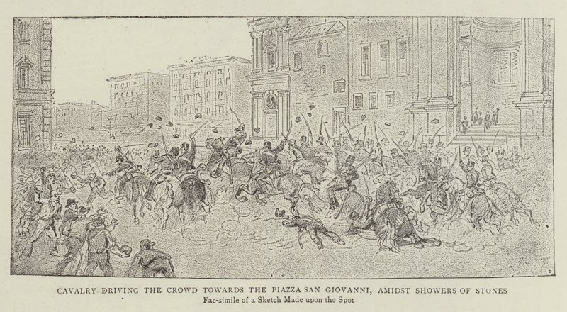 Kavalerie pohánějící dav směrem k náměstí Piazza San Giovanni, mezi sprchami kamenů od James A. Shearman