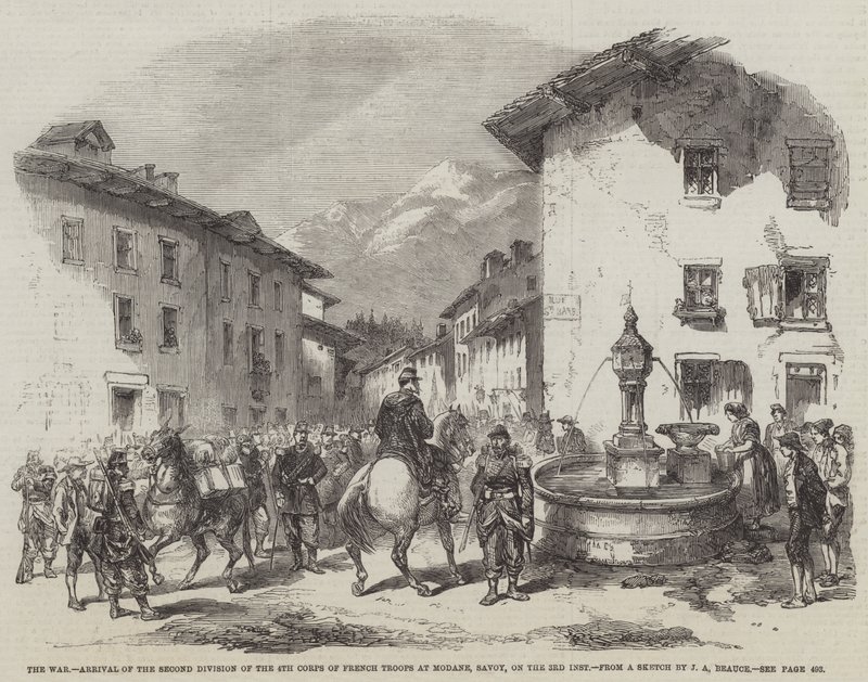 Válka, příchod druhé divize 4. sboru francouzských vojsk do Modane, Savojsko, 3. inst. od Jean Adolphe Beauce