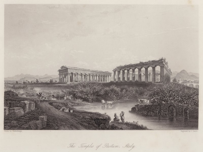 Chrámy Paestum, Itálie (rytina) od Johan Wolfensberger