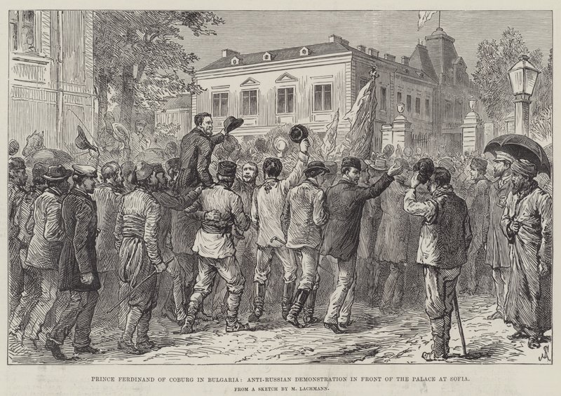 Princ Ferdinand z Coburgu v Bulharsku, protiruská demonstrace před palácem v Sofii od Johann Nepomuk Schonberg