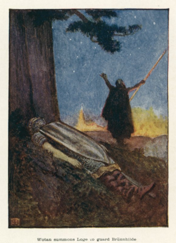 Wotan povolá Loga, aby střežil Brunnhildu od John Byam Liston Shaw