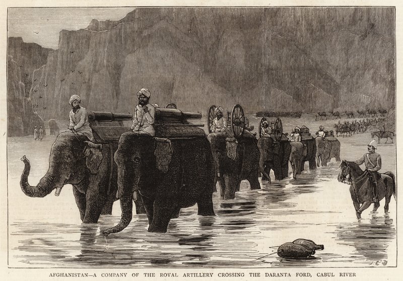 Afghánistán, rota královského dělostřelectva při přechodu přes brod Daranta, řeka Cabul od John Charles Dollman