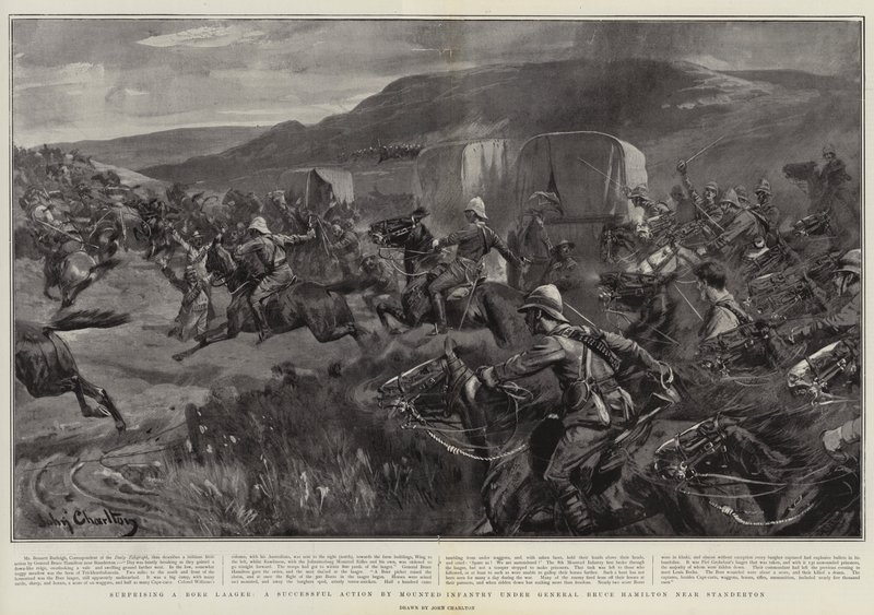 Překvapení Boer Laager, úspěšná akce jízdní pěchoty pod vedením generála Bruce Hamiltona poblíž Standertonu od John Charlton