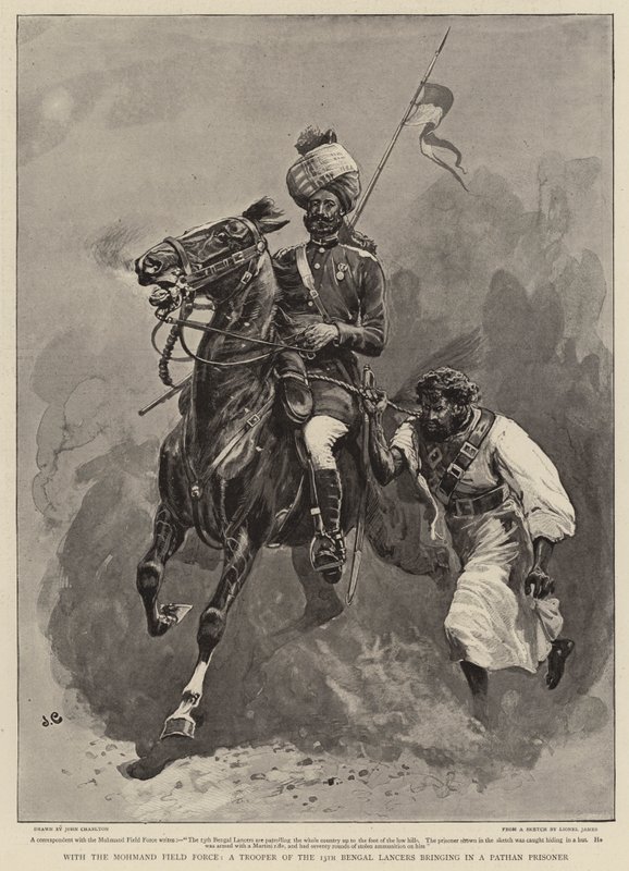 S Mohmand Field Force, voják 13. Bengálských kopiníků přivážející Pathanského vězně od John Charlton