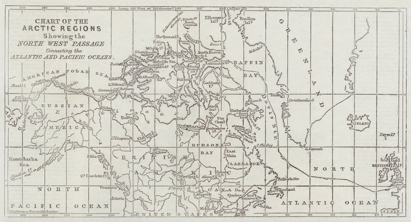 Mapa arktických oblastí ukazující severozápadní cestu spojující Atlantický a Tichý oceán od John Dower