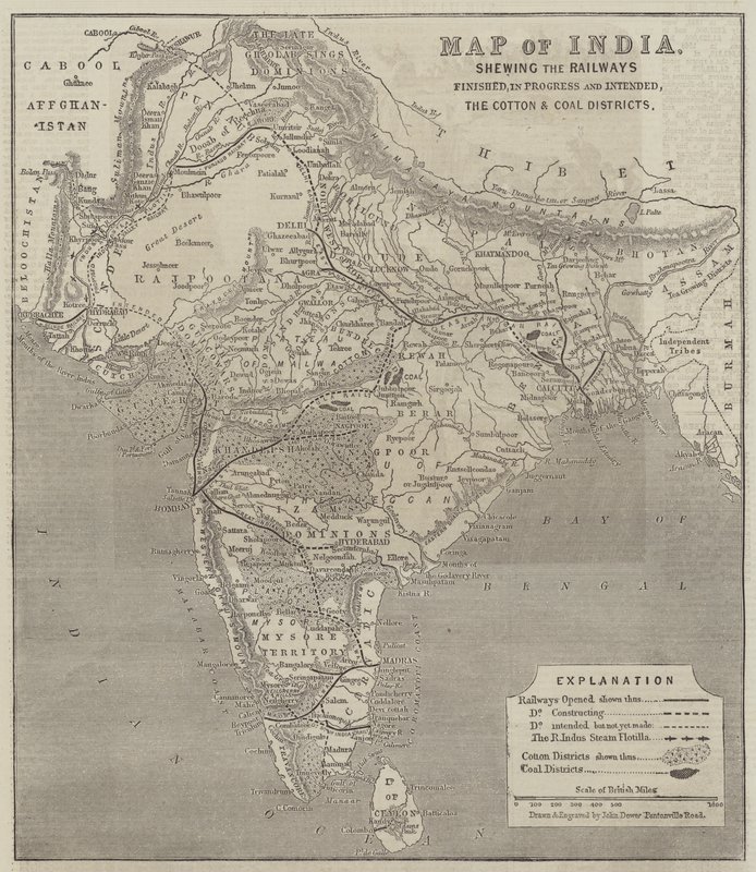 Mapa Indie, zobrazující dokončené železnice, v Progress and Intended, Cotton and Coal Districts od John Dower