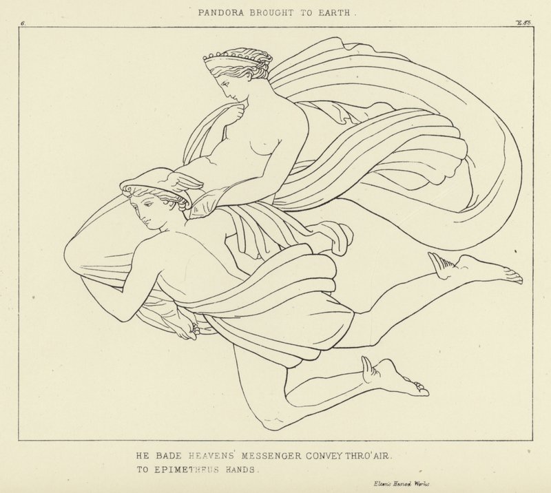 Pandora přivezena na Zemi od John Flaxman