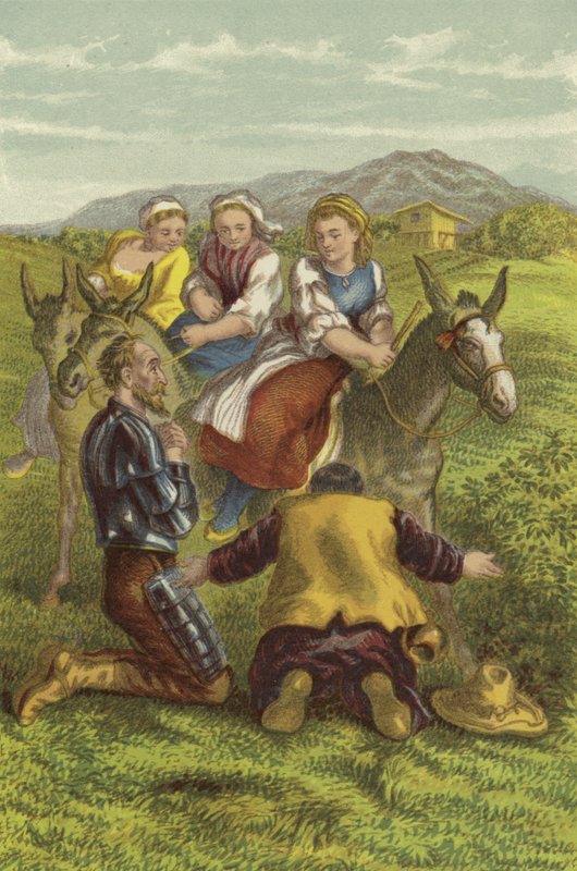 Don Quijote, Sancho a venkovské dívky (chromolitho) od John Gilbert