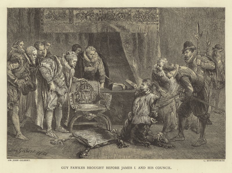 Guy Fawkes předvedl před Jamese I. a jeho radu od John Gilbert