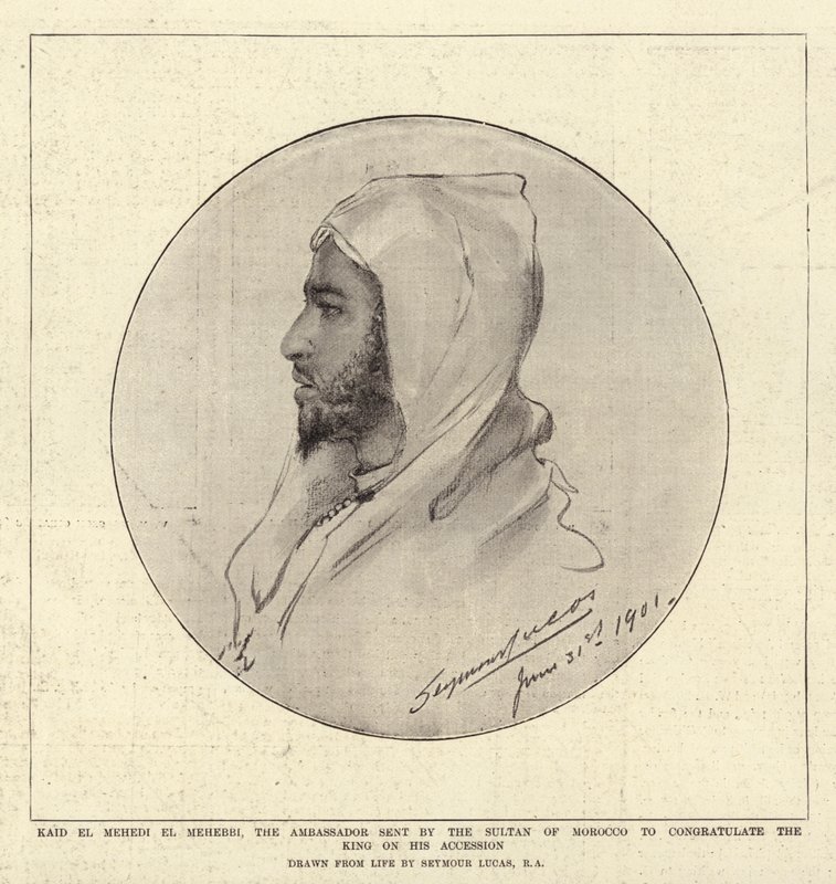 Kaid El Mehedi El Mehebbi, velvyslanec vyslaný marockým sultánem, aby poblahopřál králi k jeho nástupu od John Seymour Lucas
