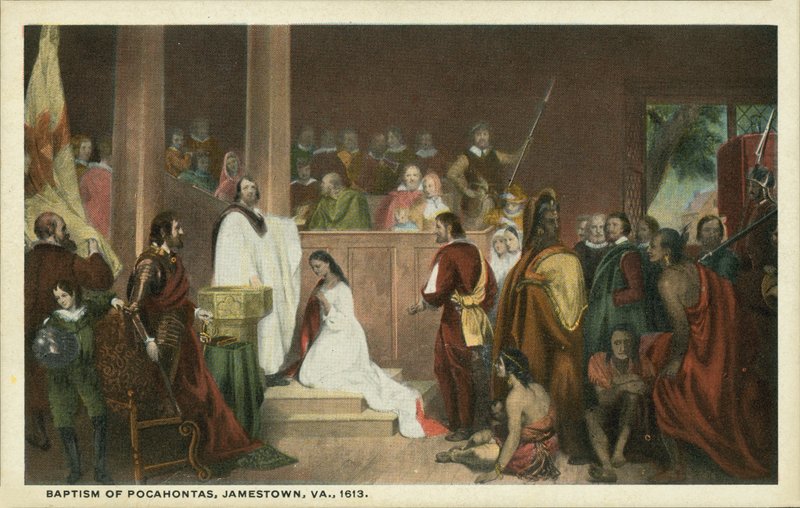 Křest Pocahontas, Jamestown, Virginie od John Gadsby (after) Chapman