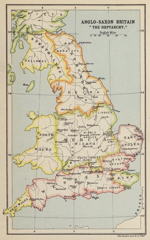 Anglosaská Británie, "The Heptarchy" (litografie) od John George Bartholomew