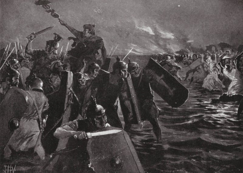 Římský útok na Anglesea (litografie) od John Harris Valda