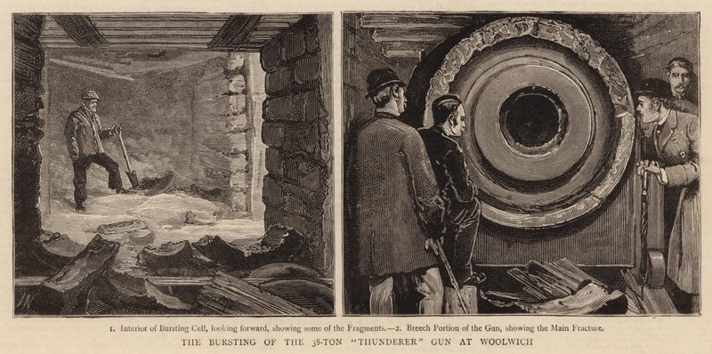 Výbuch 38tunové Thunderer Gun ve Woolwichi od Joseph Nash