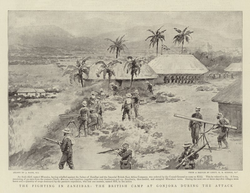Boje na Zanzibaru, britském táboře v Gonjoře během útoku od Joseph Nash
