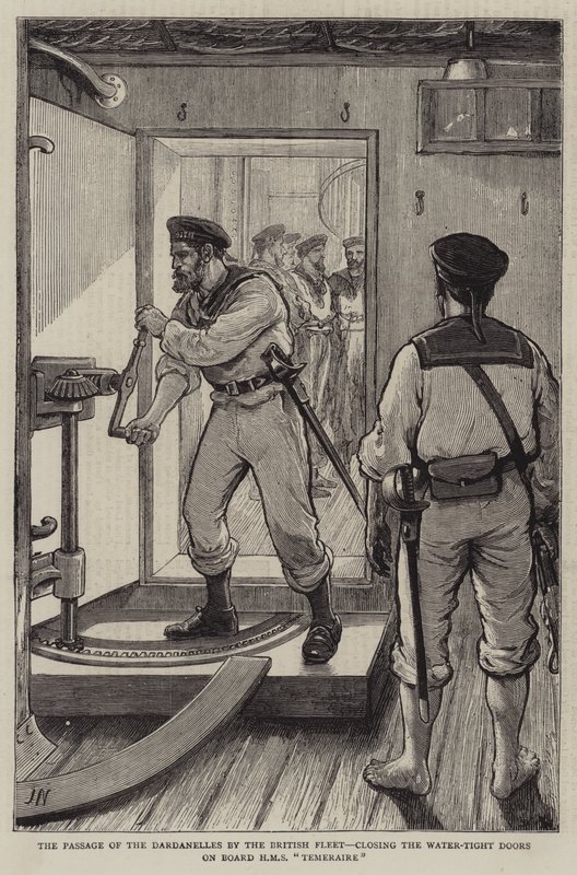 Průchod Dardanel britskou flotilou, uzavření vodotěsných dveří na palubě HMS Temeraire od Joseph Nash