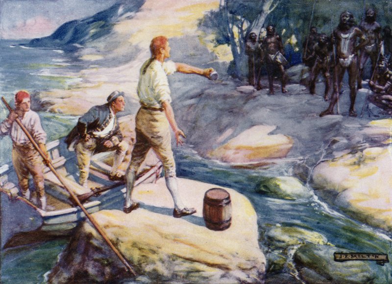 George Bass a Matthew Flinders se setkávají se skupinou domorodců v Austrálii v 90. letech 18. století od Joseph Ratcliffe Skelton