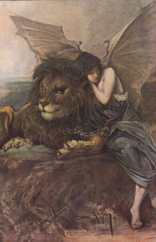 Lev a okřídlená žena (barva litho) od Joszi Arpad Koppay