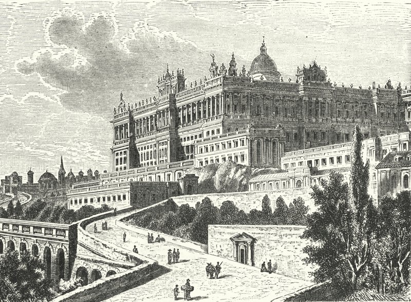 Královský palác, Madrid, Španělsko (rytina) od Karl Muller
