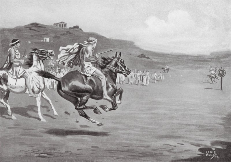 Řečtí jezdci házející oštěpem (litografie) od Leslie Mosley
