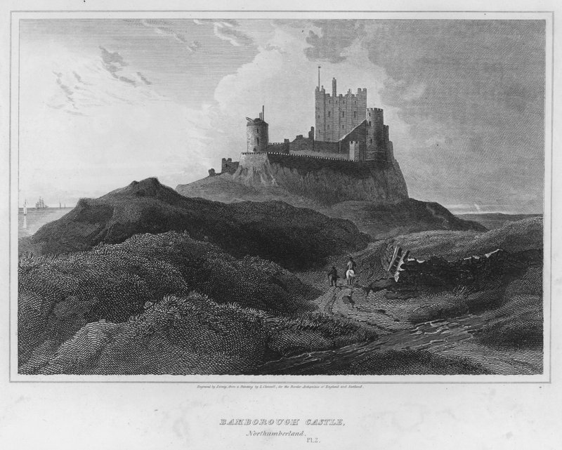Bamborough Castle, Northumberland (rytina) od Luke (after) Clennell