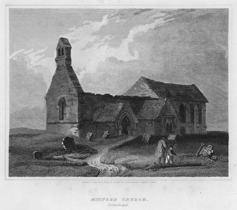 Mitford Church, Northumberland (rytina) od Luke (after) Clennell