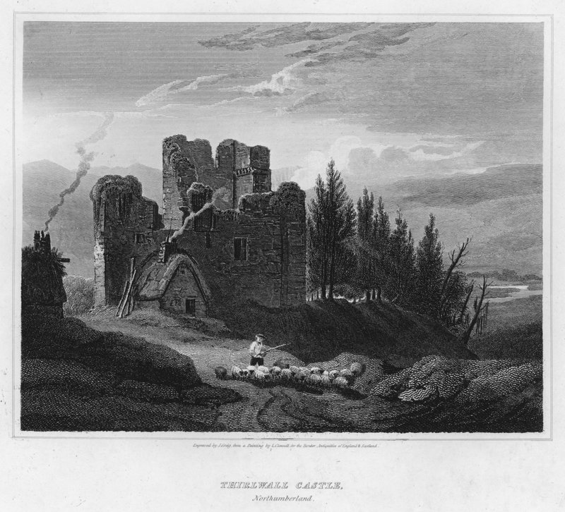 Hrad Thirlwall, Northumberland (rytina) od Luke (after) Clennell
