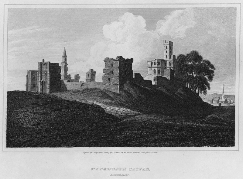 Warkworth Castle, Northumberland (rytina) od Luke (after) Clennell