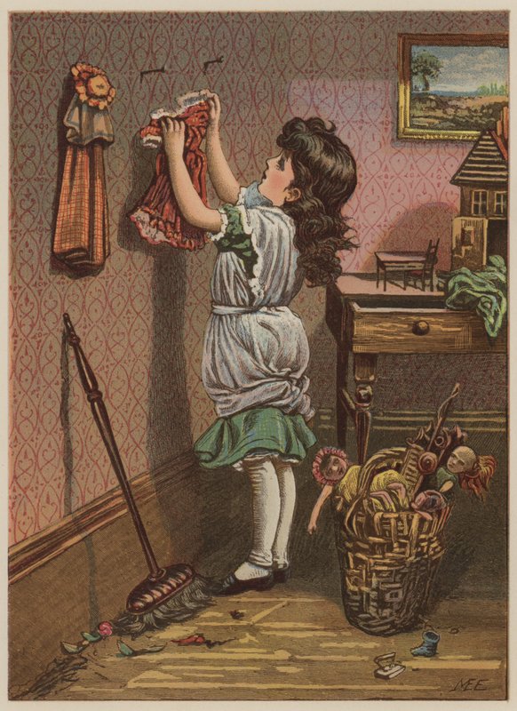Dívka věší oblečení pro panenky (chromolitho) od Mary Ellen Edwards
