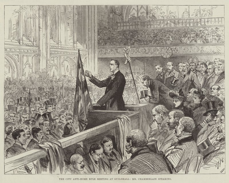 Zasedání City Anti-Home Rule v Guildhallu, mluví pan Chamberlain od Melton Prior