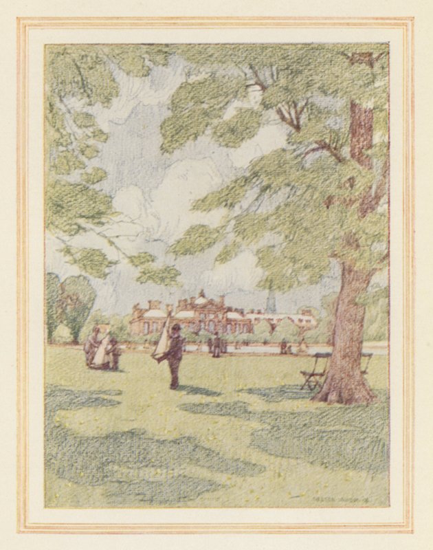 Kensingtonský palác ze zahrad (barevná litografie) od Nelson Dawson