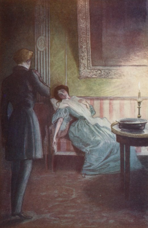 Ležela na velké pohovce, jednu ruku na srdci a druhou visící vedle ní od Pierre Georges Jeanniot