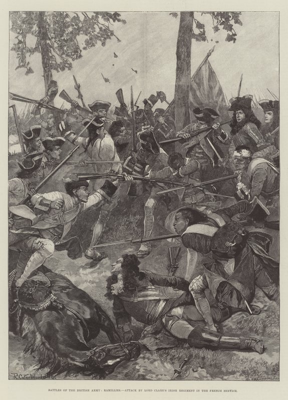 Bitvy britské armády, Ramillies, útok irského pluku lorda Clarea ve francouzských službách od Richard Caton Woodville junior